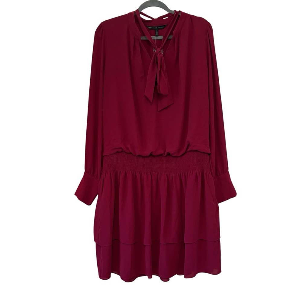 NWT, White House Black Market Tie Neck Blouson Dress in Red Plum, Sz XL - Picture 2 of 16